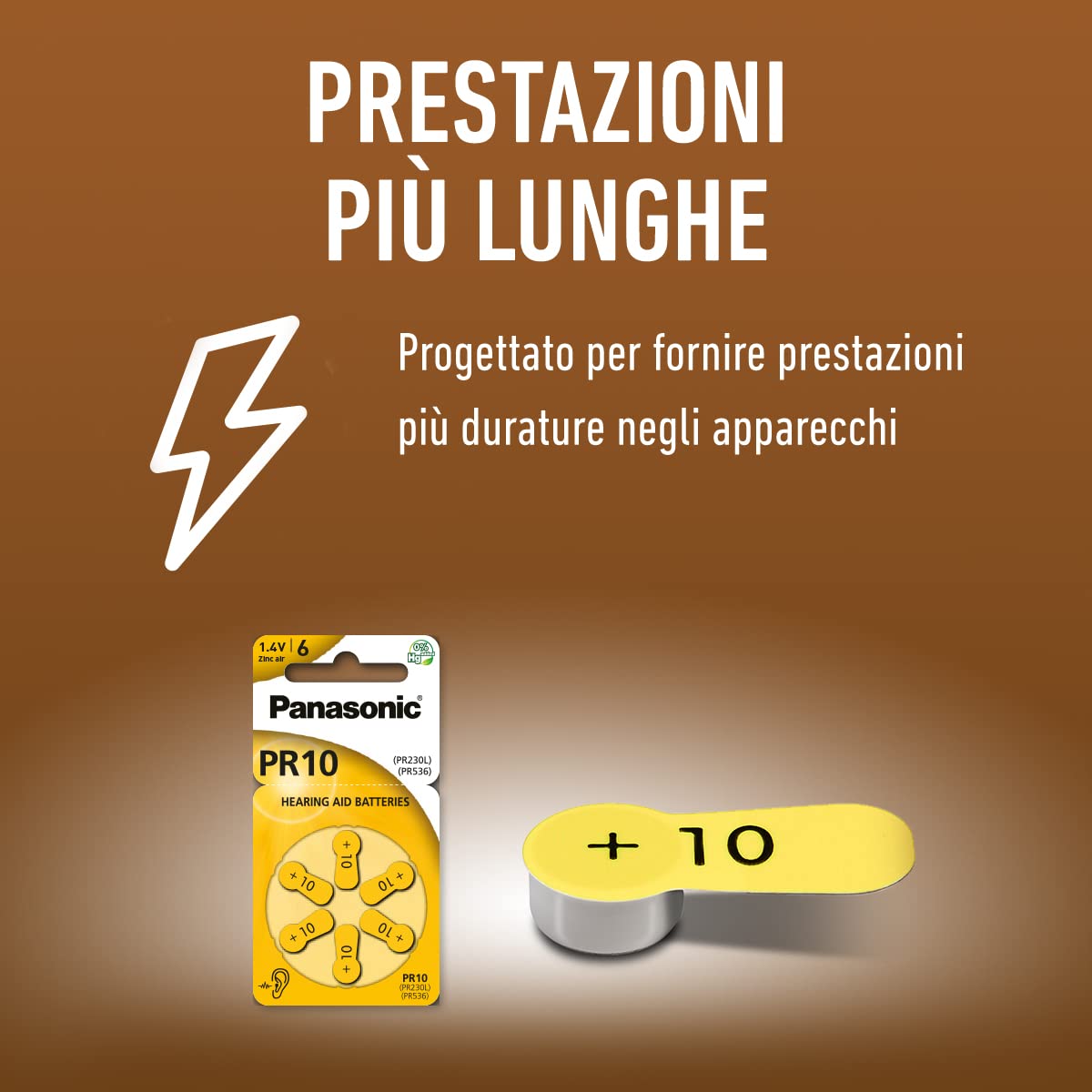 Panasonic PR10 Batterie zinco-aria per apparecchi acustici, Tipo 10, 1.4V, Batterie per apparecchi acustici, 10 confezioni (60 pezzi), gialle