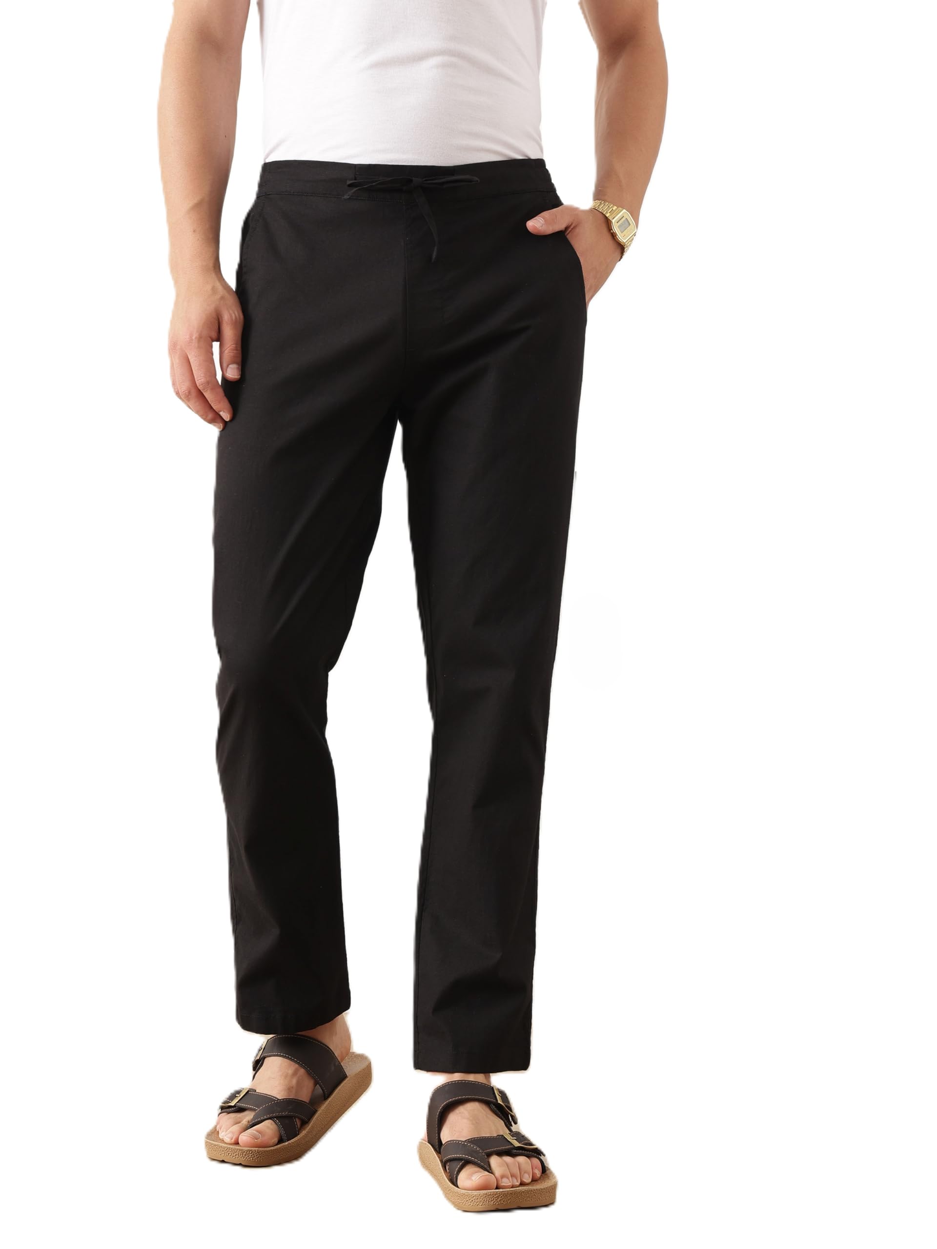 thomas scott Men's Smart Regular Fit Solid Cotton Linen Trouser with Drawstring Closure & 4 Pockets | Woven Casual Pants-picture-28