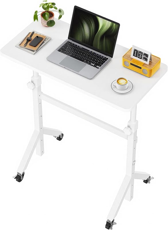 Marsail Escritorio celular de pie con ruedas, escritorio de altura ajustable de 28.3″ a 46.5″, escritorio rodante con ruedas bloqueables, escritorio pequeño portátil para caminadora y caminadora, blanco