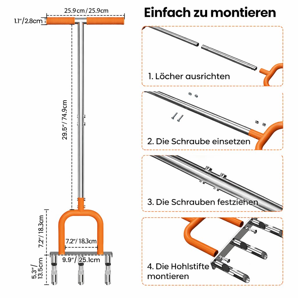 I IHAYNER Aerifizierer für Rasen, Rasenlüfter aus Edelstahl, 3 Zinken Hohlzinken, Gartengerät zum Rasen Belüften und Auflockern, Manueller Rasenbelüfter, für Verdichtete Böden und Hof Garten (Orange)