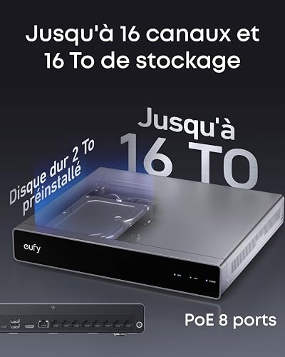 Système de vidéosurveillance NVR PoE eufy S4, 2 caméras Bullet-PTZ et 2 caméras Bullet, PTZ 360°, Suivi IA, Recherche Intelligente, Vision Nocturne Couleur, Stroboscope, 2To préinstallés, 24/7 - 7