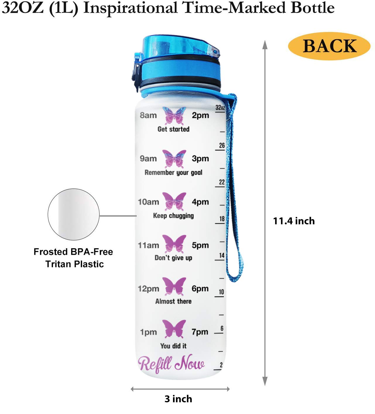 32 Oz Water Bottle 64HYDRO 32oz Motivational Water Bottle With Time ...