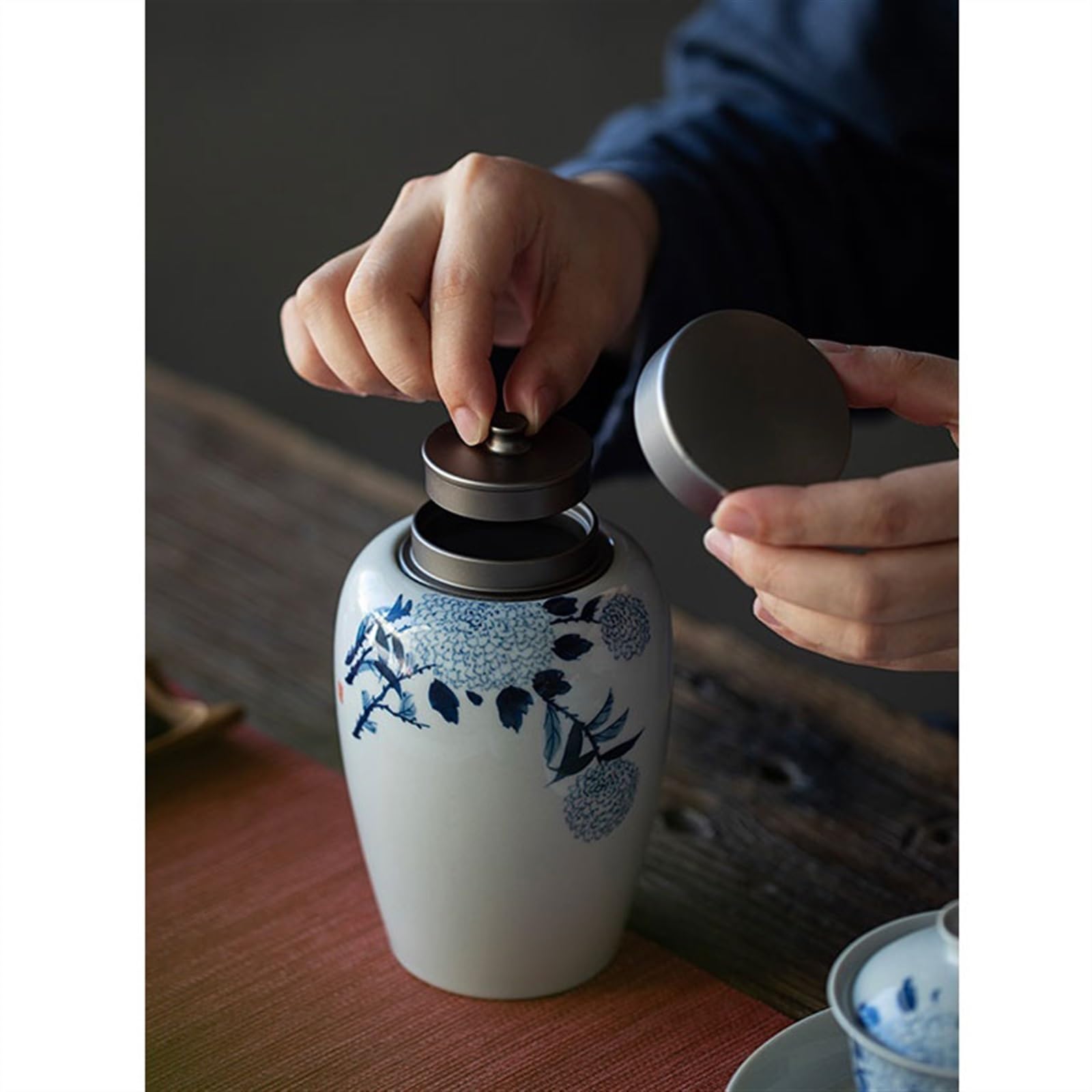 Tarro de Almacenamiento, Tarro de cerámica de Hortensia Pintado a Mano para Almacenamiento de té, Tapa de Aluminio, Tarro con Sello de Marea, Bote de té de cerámica para el ho