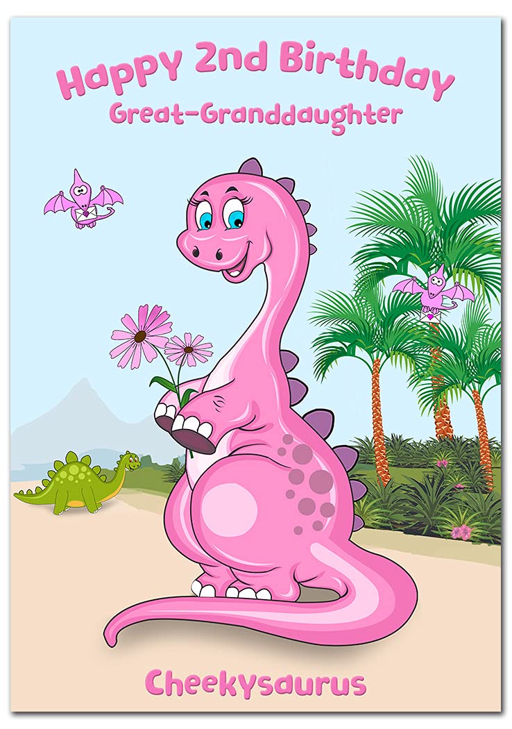 Extra Large Great-Granddaughter 2nd Birthday Card - 2 year old - XL Big A4 thick size - Age Two - Cute Dinosaur Funny Cheekysaurus Pink Dino - Huge Happy Wishes - UK Eco-Friendly