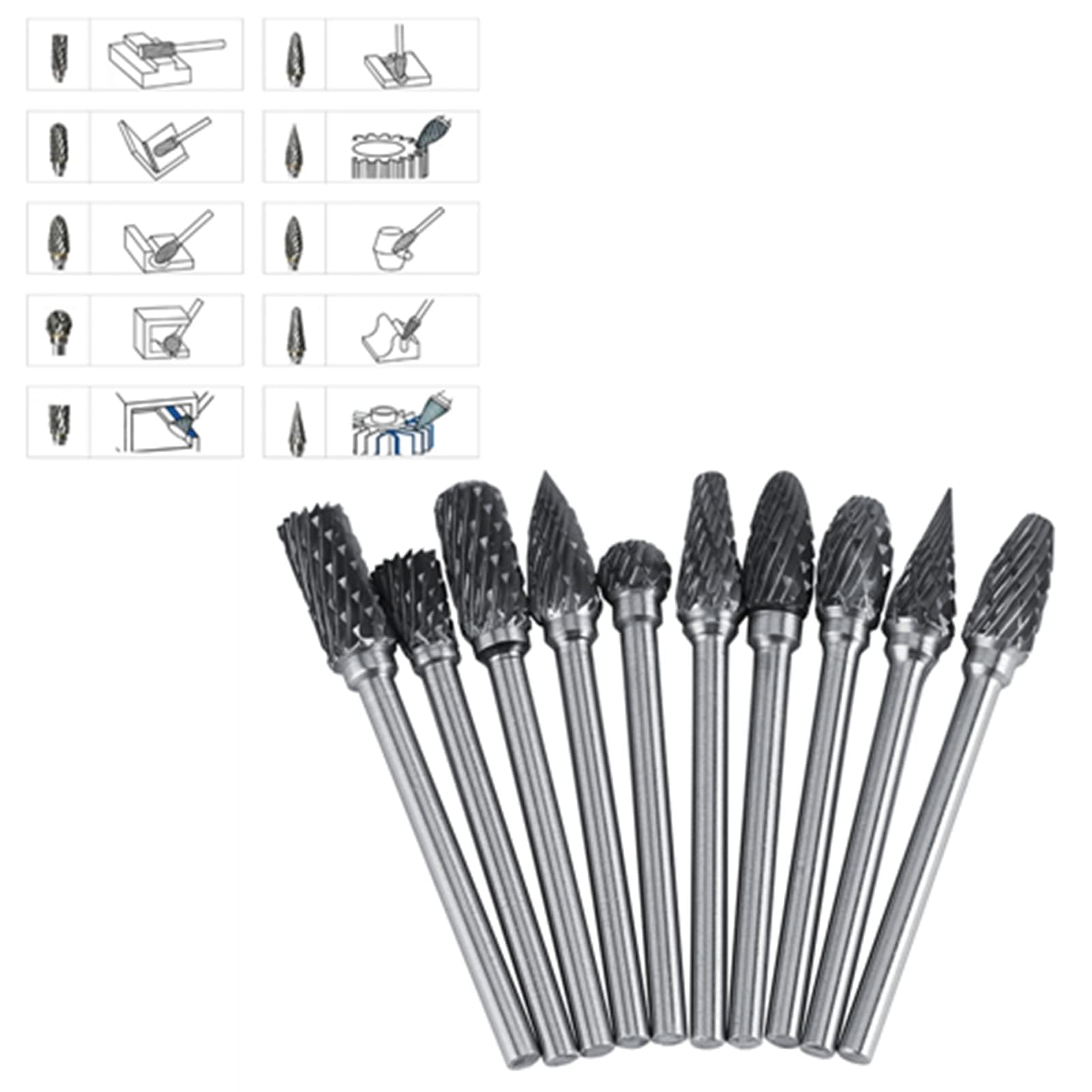 Jeu de Fraises Carbure 10 Pièces Tête 3mm Tige 6mm Double Cut en Acier Tungstène pour Gravure Métal Polissage Découpage Artisans Ateliers Bricolage Professionnels