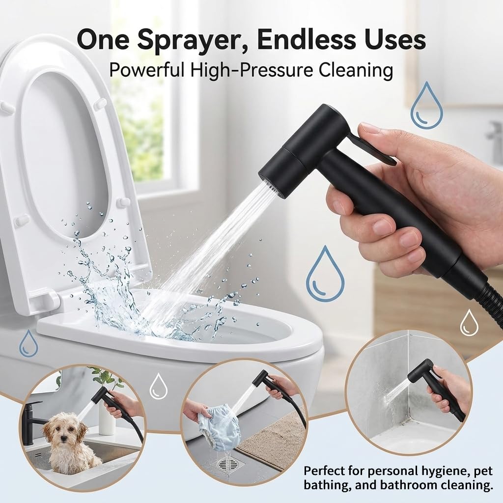 Grifo Bidet para WC Ducha Higiénica de Acero Inoxidable con Manguera 1.5m, para Higiene Personal y Limpieza de Mascotas Incluye Adaptador G1/2 (Negro) - 3