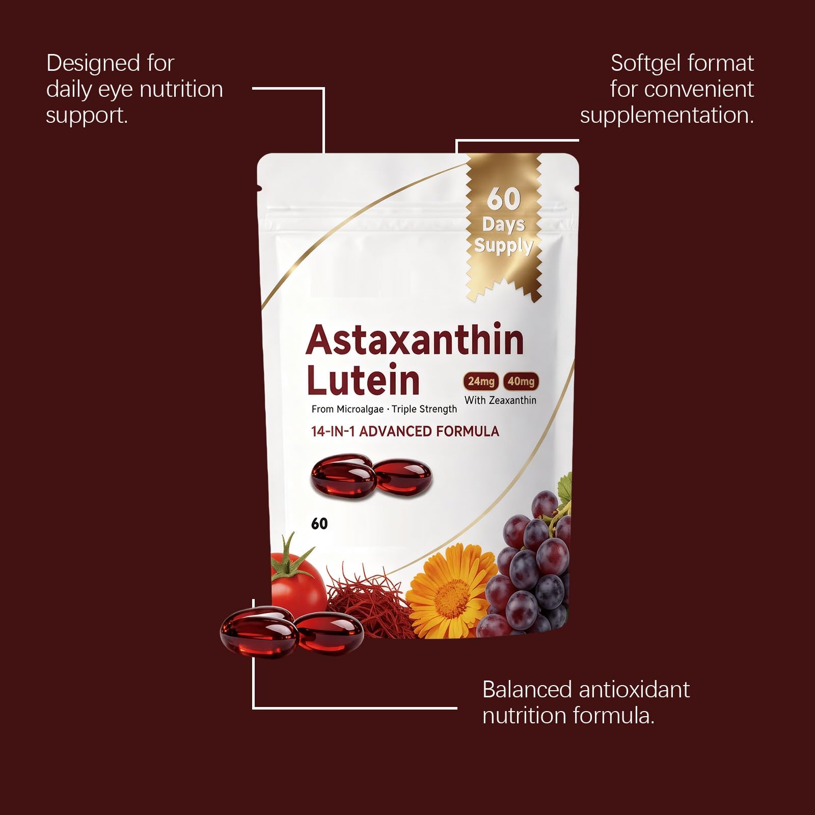 Astaxanthine 24 mg et lutéine 40 mg, soutient les yeux, la peau et les articulations, pour hommes et femmes, 60 unités,1pcs