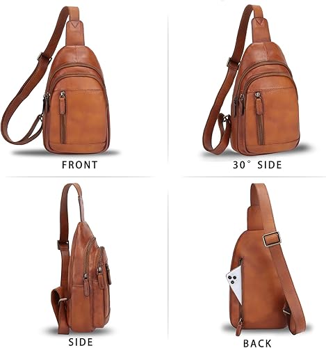 Miniatura 4 de Bolso bandolera de cuero genuino para el pecho, mochila cruzada casual, mochila vintage hecha a mano para senderismo, bolsa de motocicleta (marrón) M