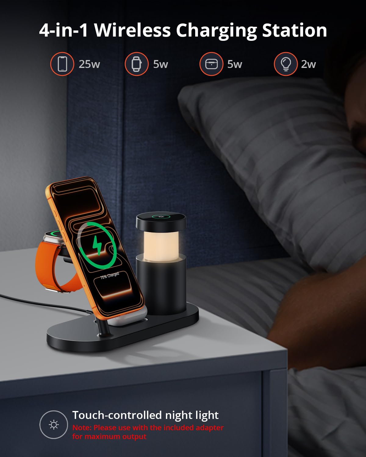 GEEKERA 25W Fast 4-in-1 Ladestation: Mag-Safe kabelloses Ladegerät, induktive Schnellladegerät mit Nachtlicht für iPhone 17 16 15 14 13 12, Apple Watch 11-2, AirPods, inkl. Ladekabel & 45W Netzteil