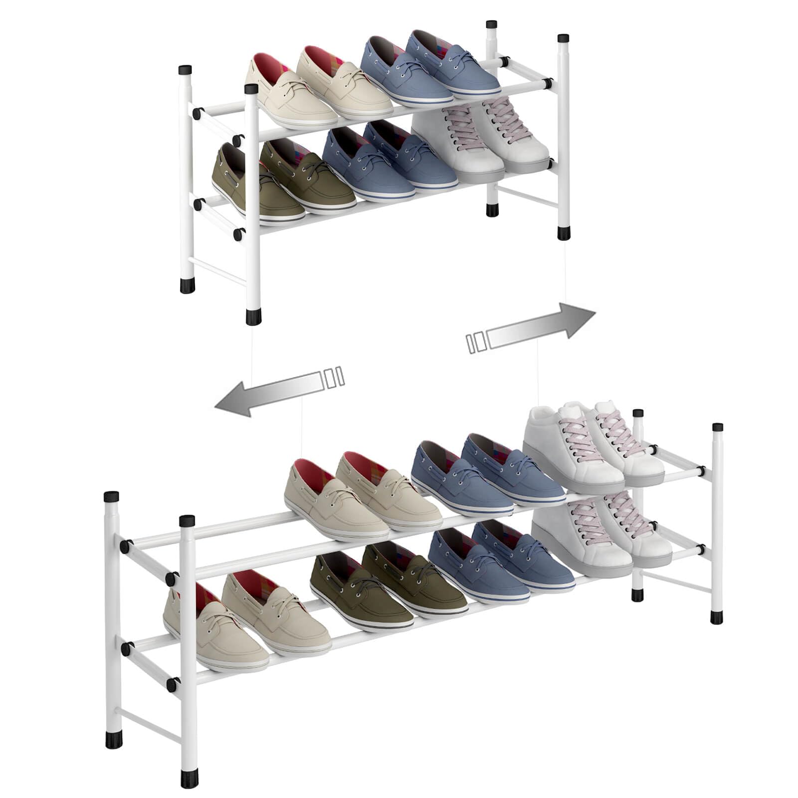 TZAMLI Étagère à chaussures extensible à 2 niveaux pour ranger jusqu'à 12 paires de chaussures, étagère de rangement empilable pour couloir, 60 ~ 110 x 22 x 36,5 cm (blanc, 2 rangées)