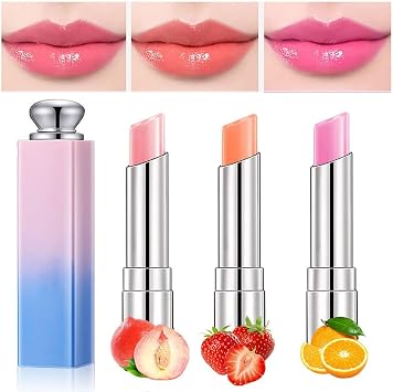 3Pcs Color Changing Lipstick Lip Balm Set- Crystal Jelly Lip Gloss, Long Lasting Nutritious Tinted Lip Balm Moisturizer Magic Temperature Color Change Lip Gloss for Women