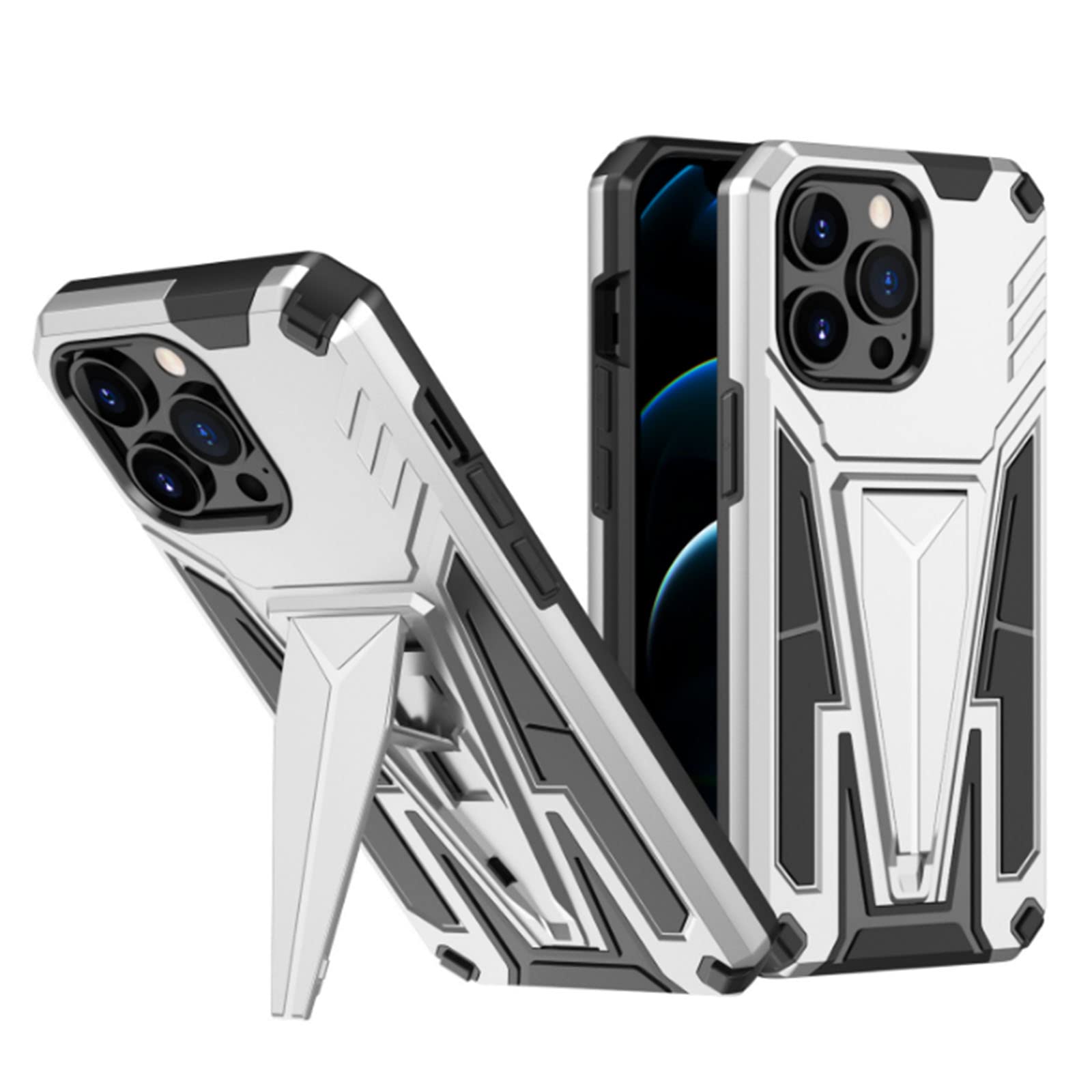 Etui do iPhone 13 Pro Max/13 Pro/13/13 mini, odporne na wstrząsy twardy tylny zderzak silikonowy pokrowiec ochronny z podpórką, kompatybilny z magnetycznym uchwytem samochodowym, srebrny, 13 6,1"