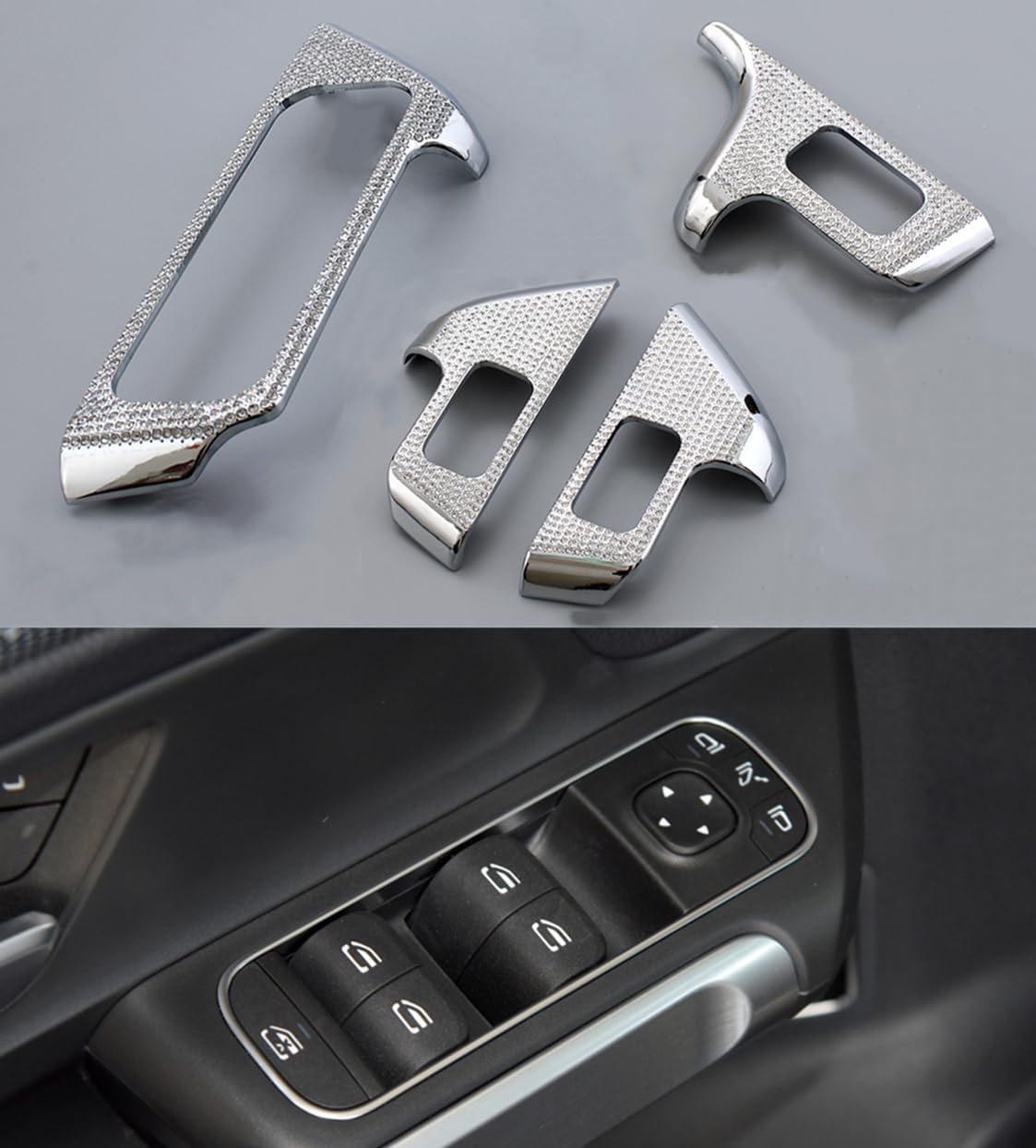 Bling Interior Accessories Fit for Mercedes Benz 2020 B Class GLB 2021 2022 2023 Internal Decoration Rhinestones Decal Cover Ring (Car Window Control Button Decorative Frame 4pc/Set)