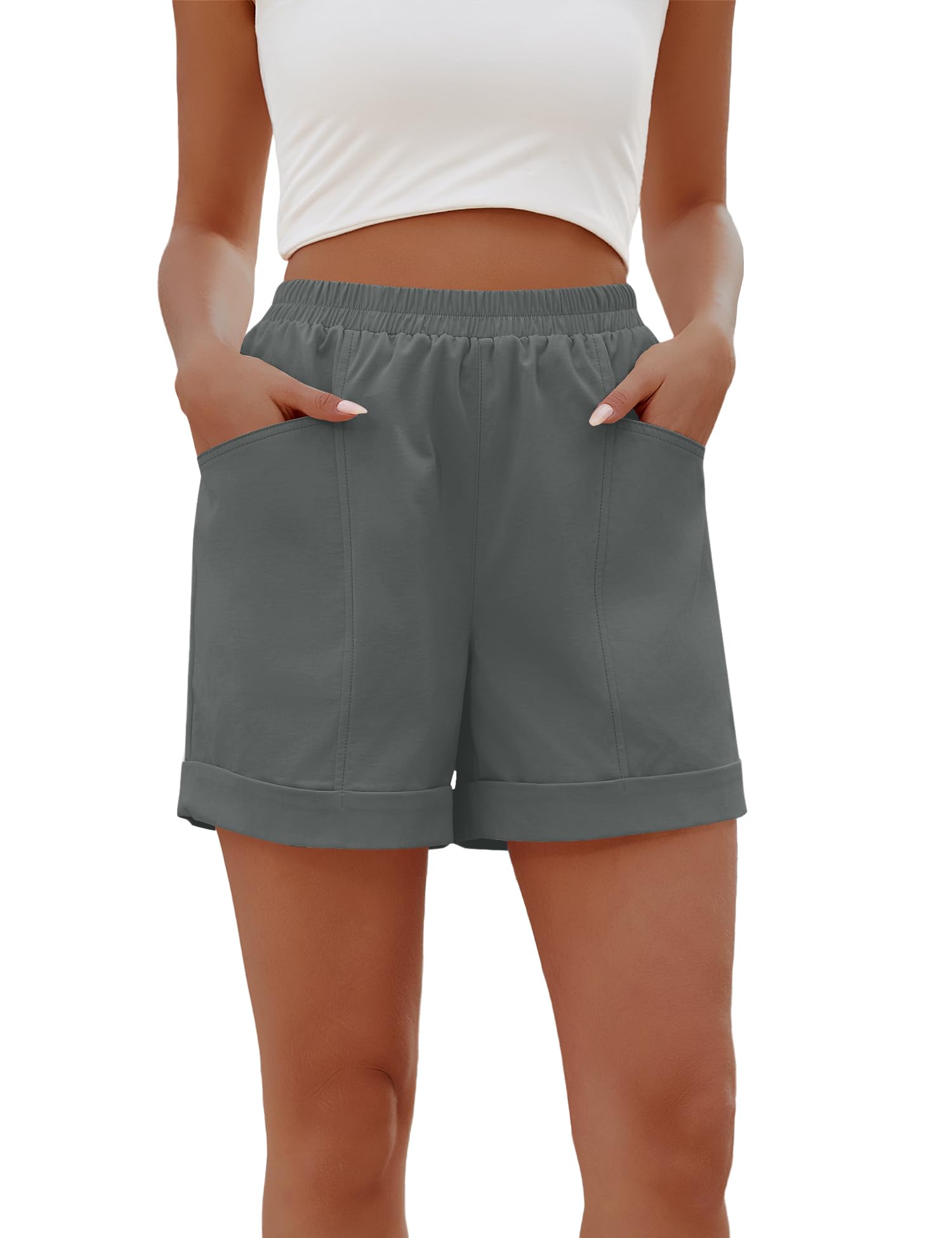 Rapbin Kurze Hose Damen Sommer Elastischer Bund Freizeitshorts Baumwolle Leicht Lässige Shorts mit Taschen für Urlaub Strand