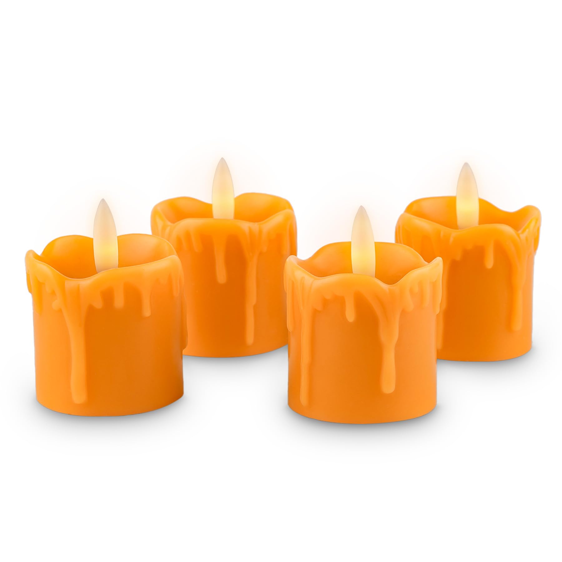 Rhytsing Orange Set Of 4 Flameless Votive Candles Real Wax Dripping Design, Led Faux Battery Operated Tealight Candles With Timer For Autumn And Halloween, Batteries Included - D 5Cm X H 5Cm