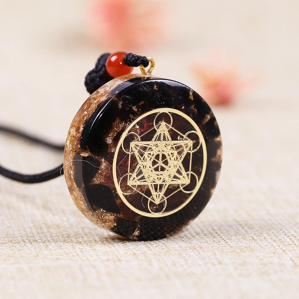 DYFUHO Orgone Metatron Cube Merkaba Anhänger Halskette, Om Crystals Stones Orgonit Anhänger, Orgonit Chakra Halskette zum EMK Schutz (schwarz, kettenvereinbar)