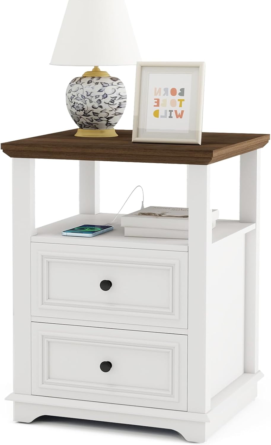 Vipbear Farmhouse Nightstand 18" White End Table with Charging Station & 2 Drawers, Rustic Bedside Table with Storage Shelf for Bedroom, Living Room,18.1" D x 18.1" W x 24.2" H, Set of 2