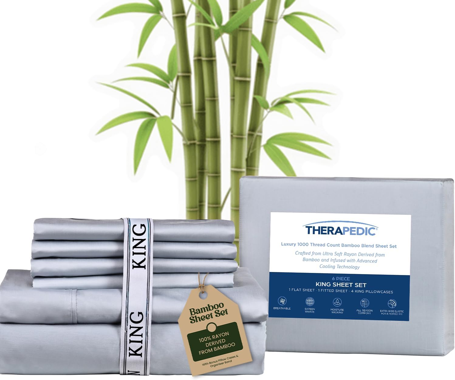 Therapedic 100% Organic Rayon Derived from Bamboo King Sheet Set | 1000TC 6-Piece Cooling Sheets Set, 16” Deep Pocket Fitted Sheet, 4 Pillowcases - Light Blue