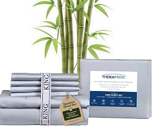 Therapedic 100% Organic Rayon Derived from Bamboo King Sheet Set | 1000TC Cooling Sheets, 16” Deep Pocket, 4 Pillowcases - Light Blue