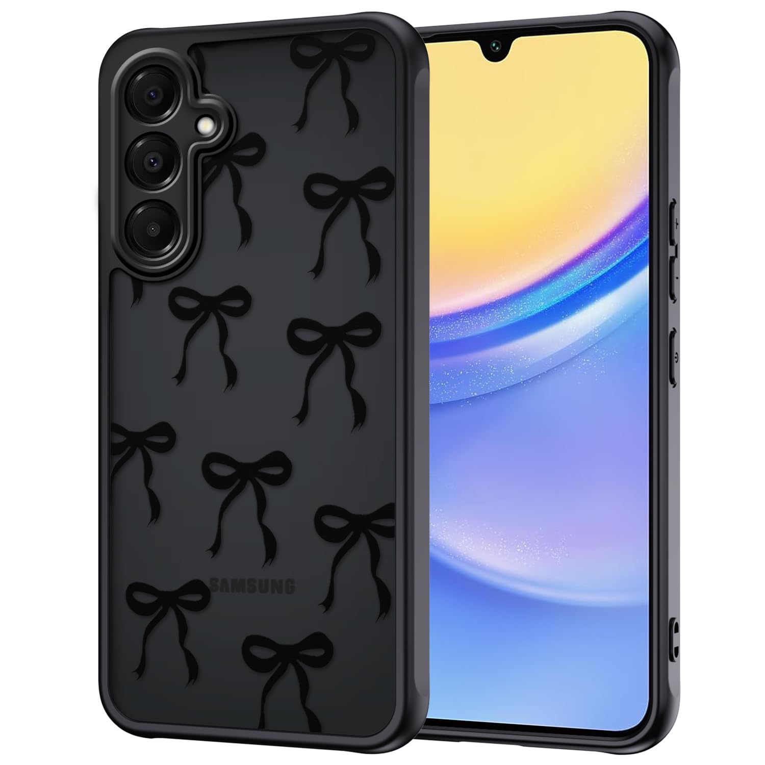 Handy Hülle für Samsung Galaxy A15 4G / 5G mit Vollständiger Kameraschutz, Aesthetic Motiv Schleifen Muster Handyhülle Anti-Fingerabdruck Matt Transluzente Rückseite Stoßfest Kratzfest Case, Schwarz