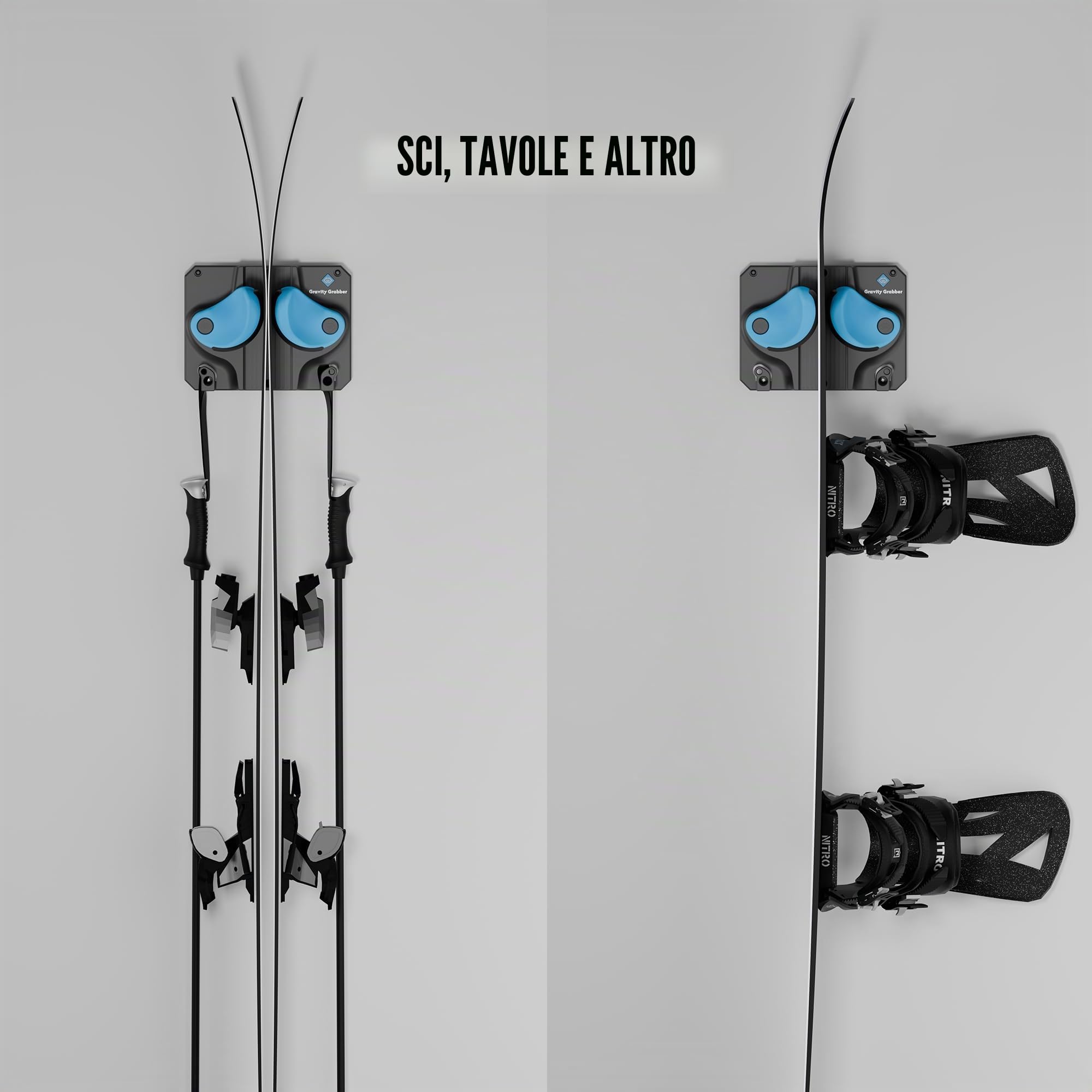 Gravity Grabber Supporto da Parete per Sci e Snowboard - per Tutti i Tipi di Sci e Snowboard - Salva Rocker, Punte e Code dai Danni - 1x - Ciano