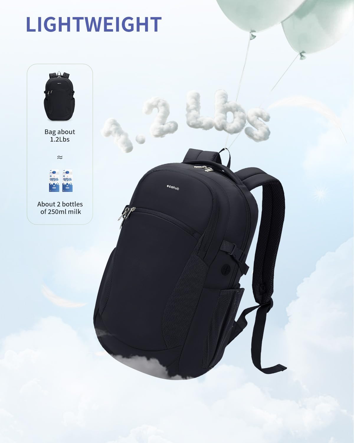 ECOHUB 17" Laptop Backpacks with Laptop Compartment Work Backpack Women Lightweight & Water Resistant Travel Backpack,Black