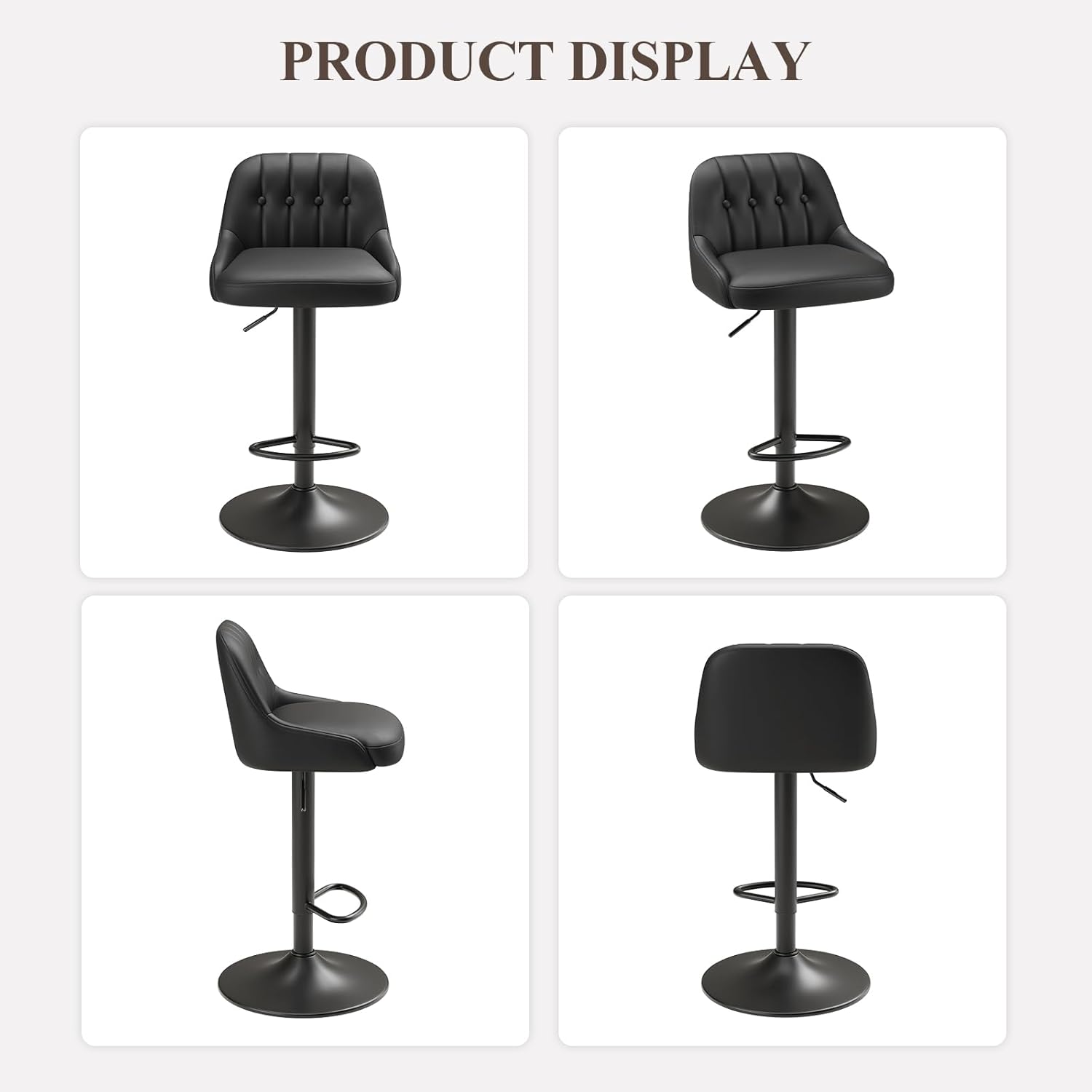 Bar Stools Set of 3, Swivel Bar Chairs, Modern Adjustable PU Leather Upholstered Barstools Counter Height with Tufted Back for Bar, Kitchen Counter Island, Dining Room, Black