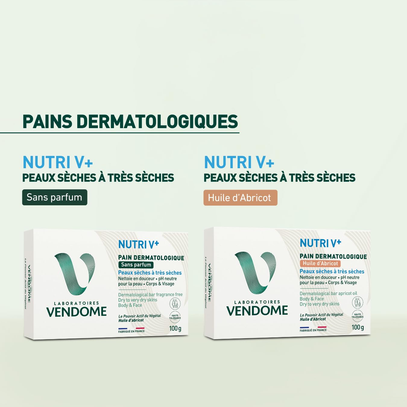 LABORATOIRES VENDÔME - NUTRI V+ - Pain Dermatologique Huile d'Abricot - Corps & Visage - Nettoie en Douceur & Nourrit - pH Neutre & Sans Savon - Haute Tolérance - Peaux Sèches à Très Sèches - 100g