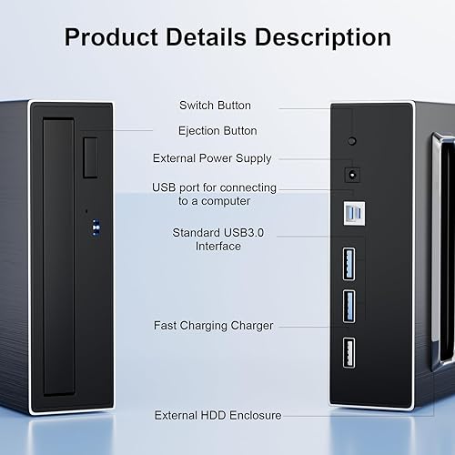 Miniatura 5 de Unidad Bluray externa 4 en 1, 16X USB 3.0 y tipo C Potente escritorio externo Bluray Drive Burner DVD Burner Cargador de unidad óptica HDD Recinto
