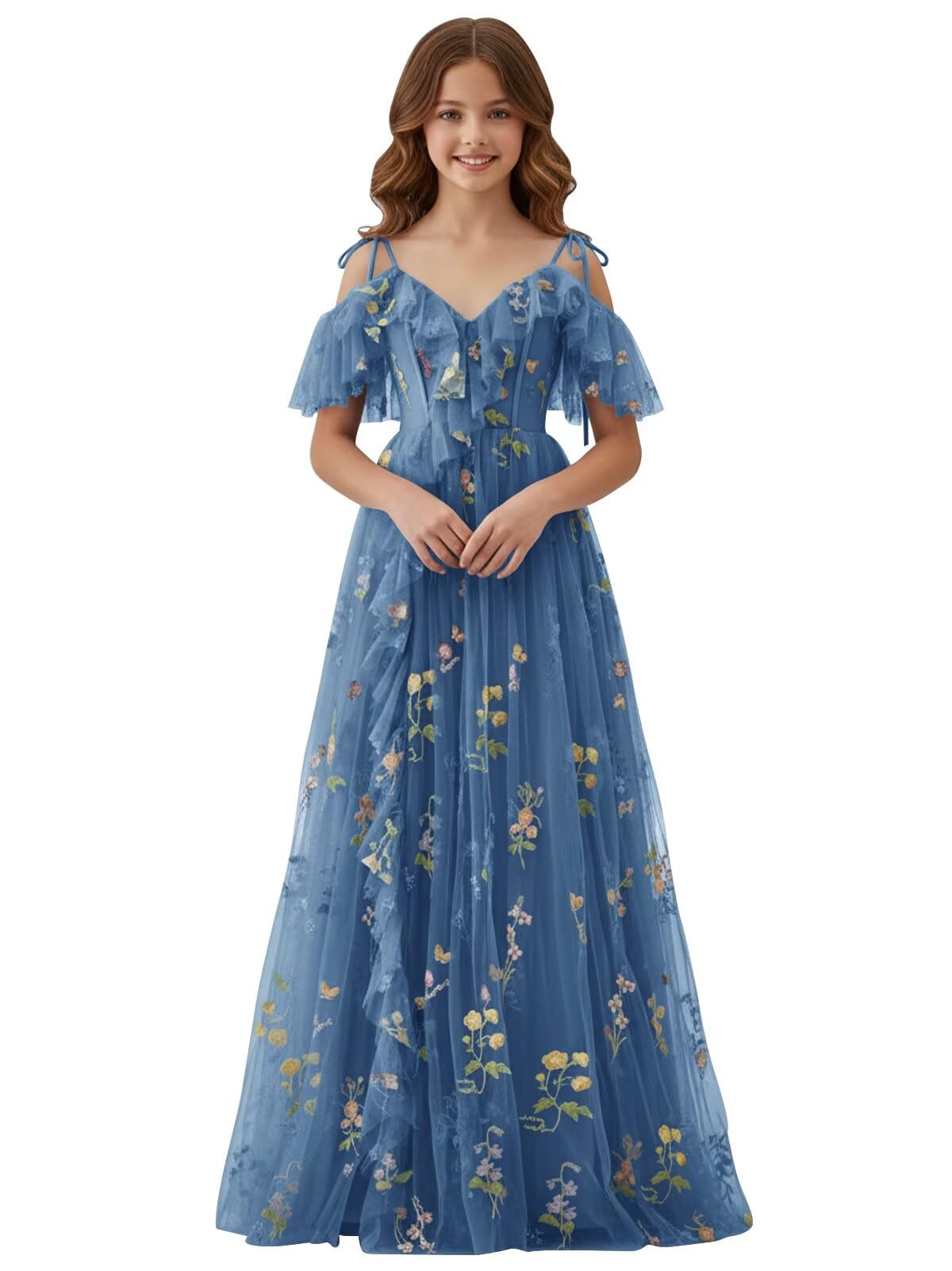 Flower Embroidery Junior Bridesmaid Dresses with Slit Long Tulle Spaghetti Straps Fairy Formal Prom Gown