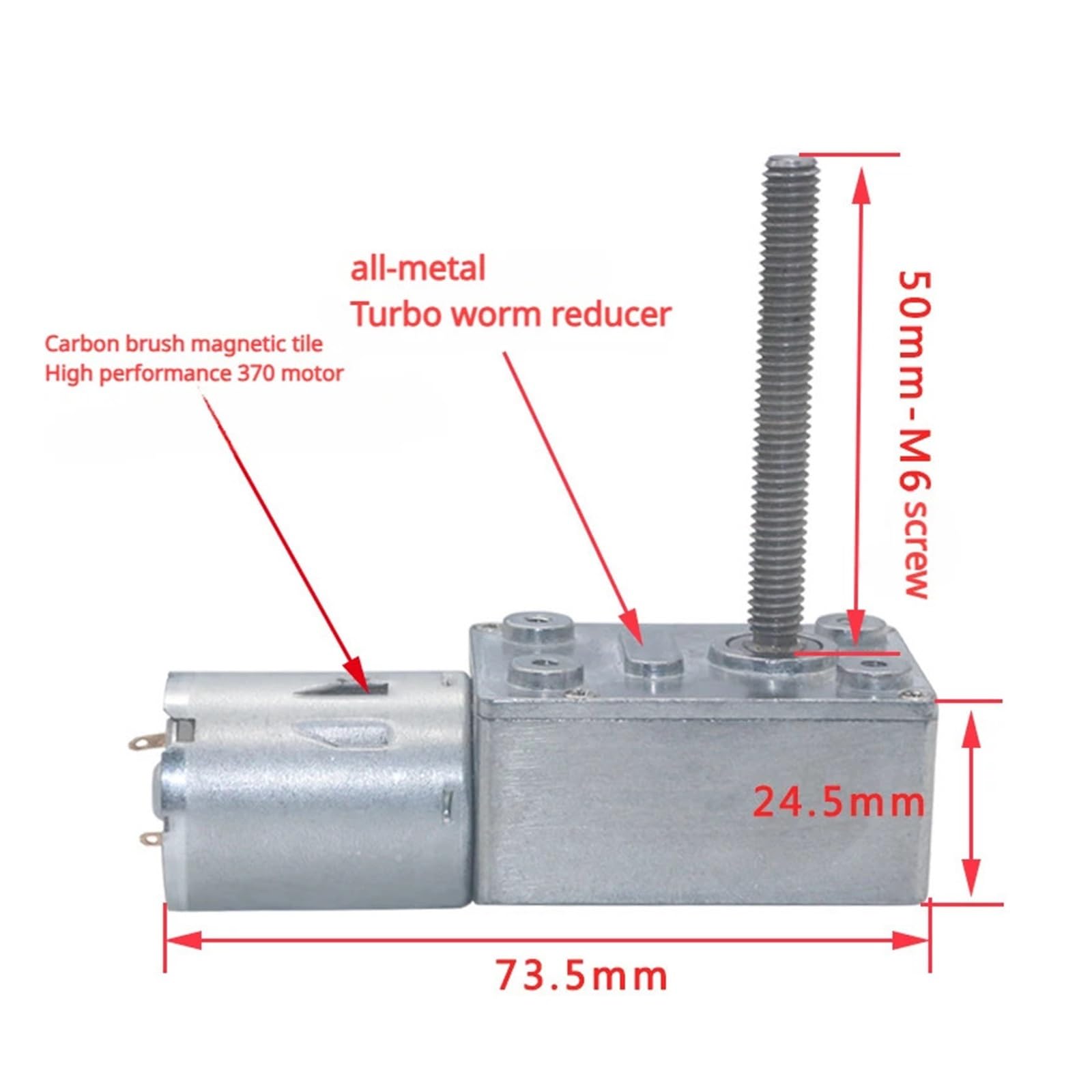 DC-Schneckengetriebemotor mit M6-Gewinde und Langer Welle, 6 V, 12 V, 24 V, 6–150 U/min, hohes Drehmoment, selbstsichernd, einstellbare Geschwindigkeit, JGY370(6v,10 RPM)