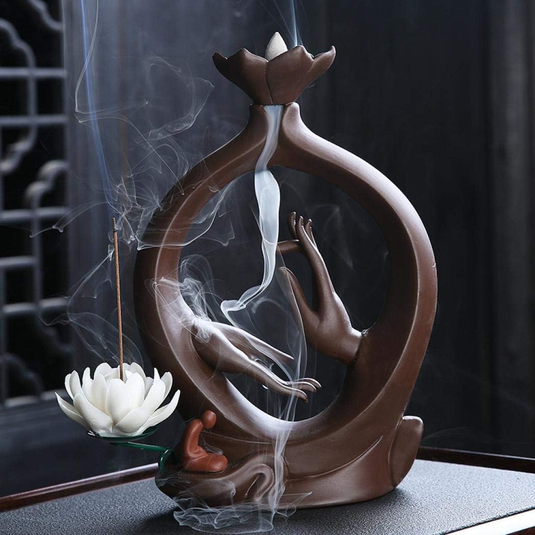 AlenX Lotus Handmade Ceramic Incense Holder Backflow Incense Holder, Home Incense Burner with 10pcs Incense Cone and Box, Ceramic Incense Holder Incense Burner (Style B)
