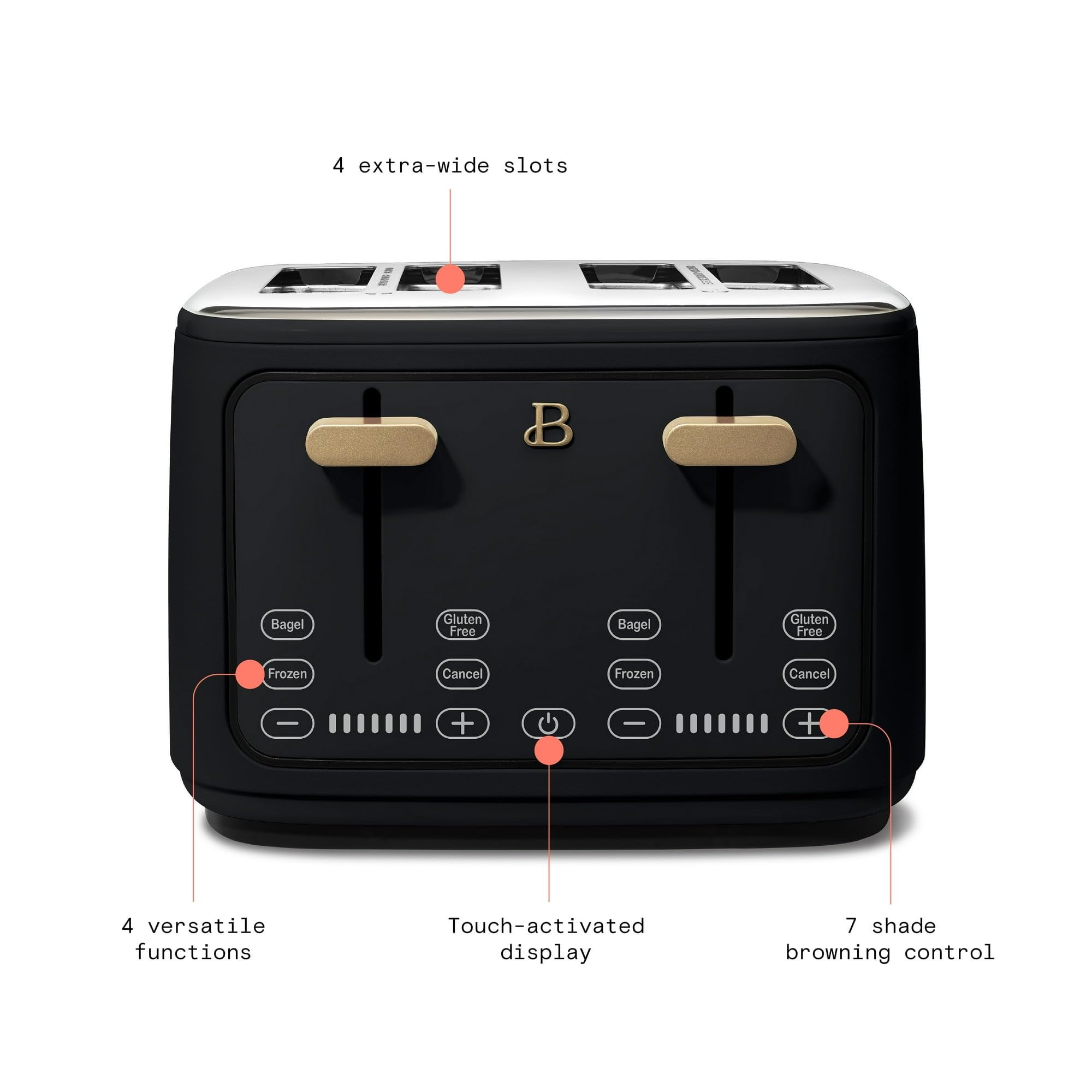 Toaster with Touch Activated Display by Drew Barrymore,Extra-Wide Slots, 7 Settings, Reheat Functions, LED Countdown Timer (Black Sesame)