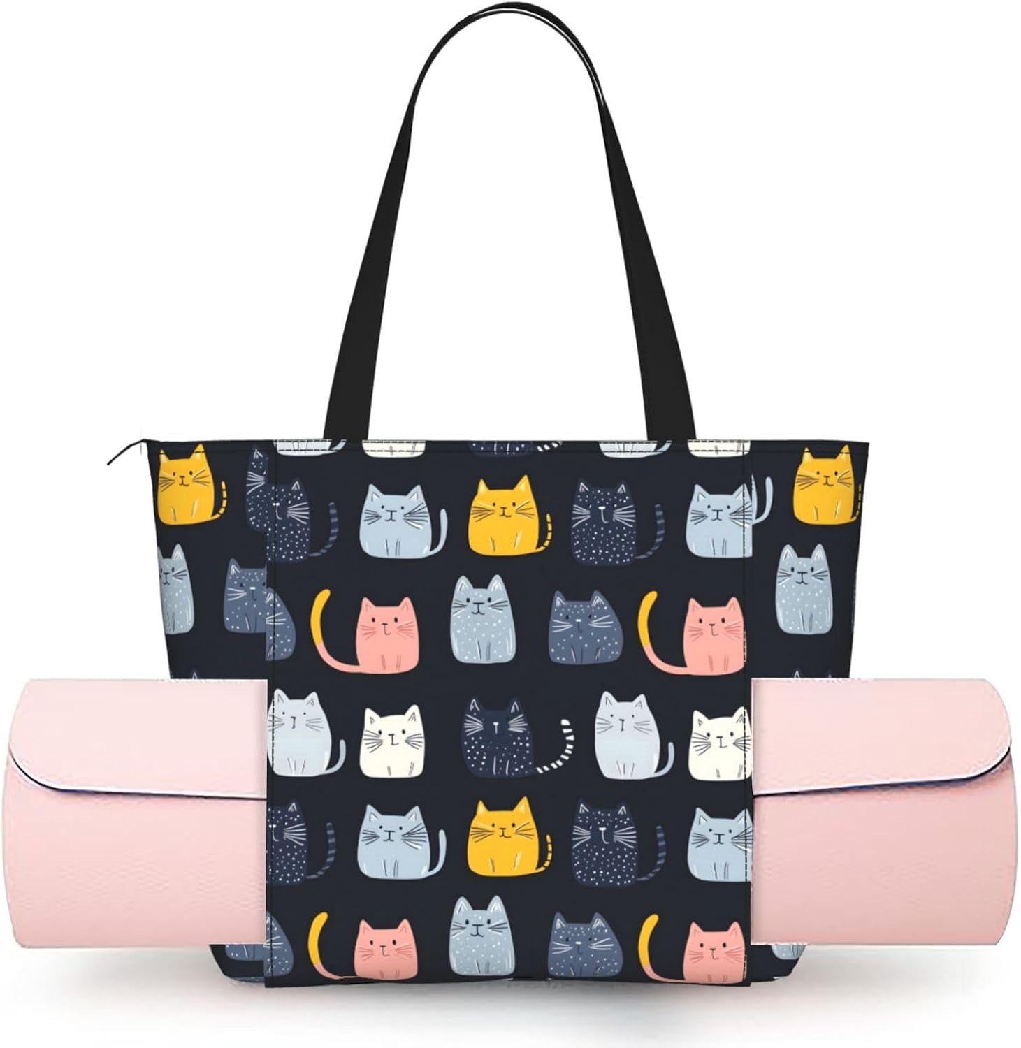 Colorful Cartoon Cat Print Yoga Mat Bag Tote Gym Bags For Women, Lightweight Pilates Shoulder Bag with Yoga Mat Carrier for Office Workout Travel Beach