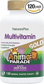 NaturesPlus Animal Parade Gold Children's Multivitamin, Grape Flavor - 120 Chewable Animal Shaped Tablets - Vegan, Gluten Free - 60 Servings