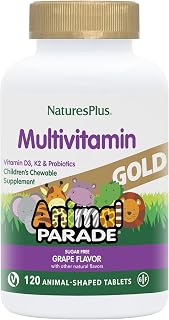 NaturesPlus Animal Parade Gold Children's Multivitamin, Grape Flavor - 120 Chewable Animal Shaped Tablets - Vegan, Gluten Free - 60 Servings