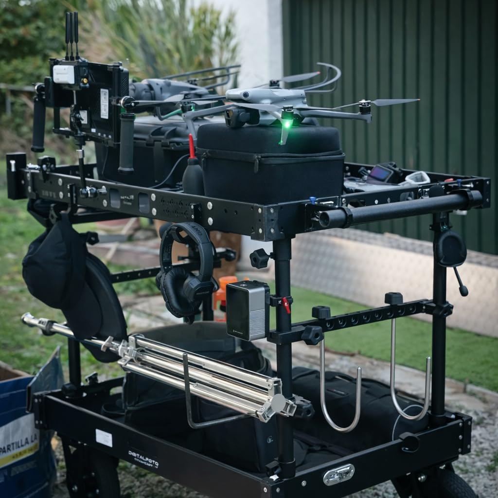 DF DIGITALFOTO Titan Plus Carro de Producción Video 300kg - Estación de Trabajo CNC con Abrazaderas y Ganchos, Plegable 18cm, Ruedas Neumáticas 8", Montaje sin Herramientas para DIT y Cine