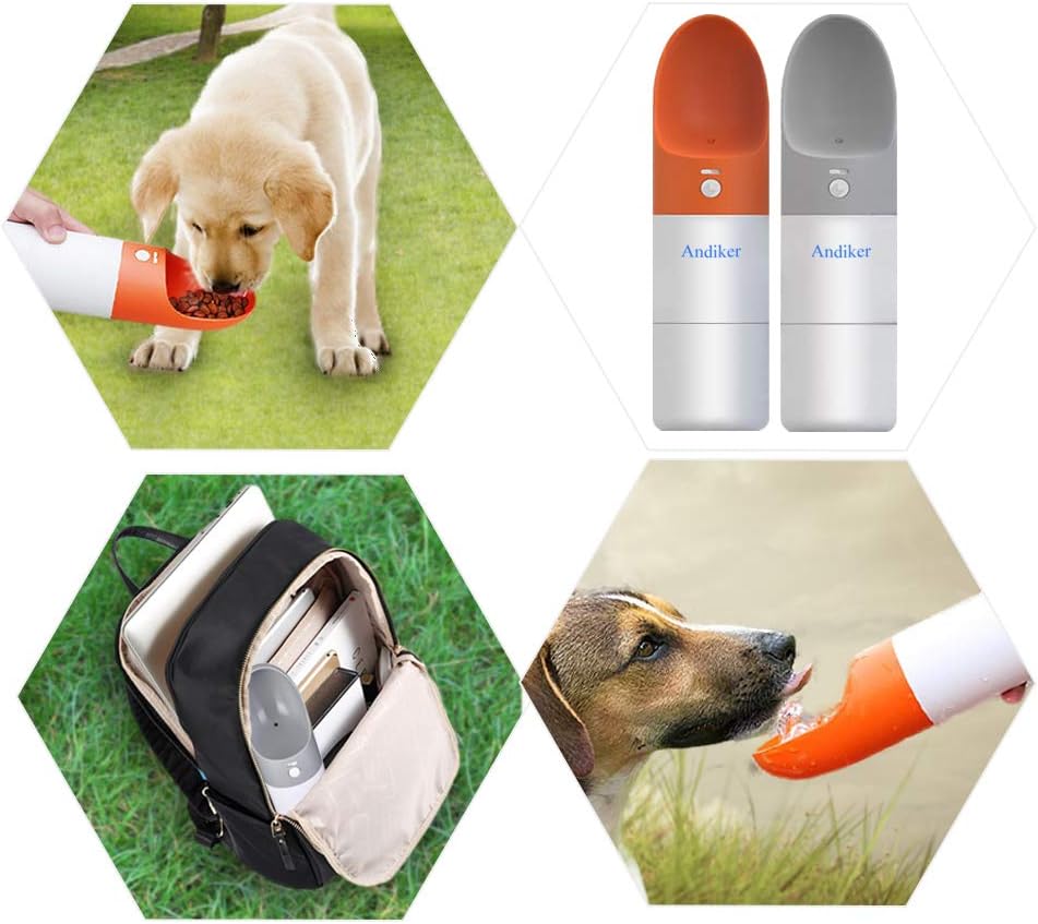 Pet Supplies : Andiker Portable Dog Water Bottle and Dog Food bottle, Pet Water Bottle for Walking Outdoor Playing Hiking Dog Travel Water Drink Cup with Bowl Dispenser Leak Proof Double Layer 200ml & 230ml（Orange） : 