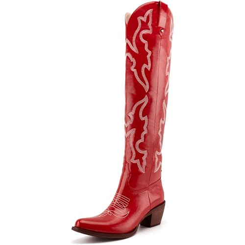 Womens Cowgirl Boots Fashion Knee High Western Boots With Classic Embroidery Chunky Block Heels