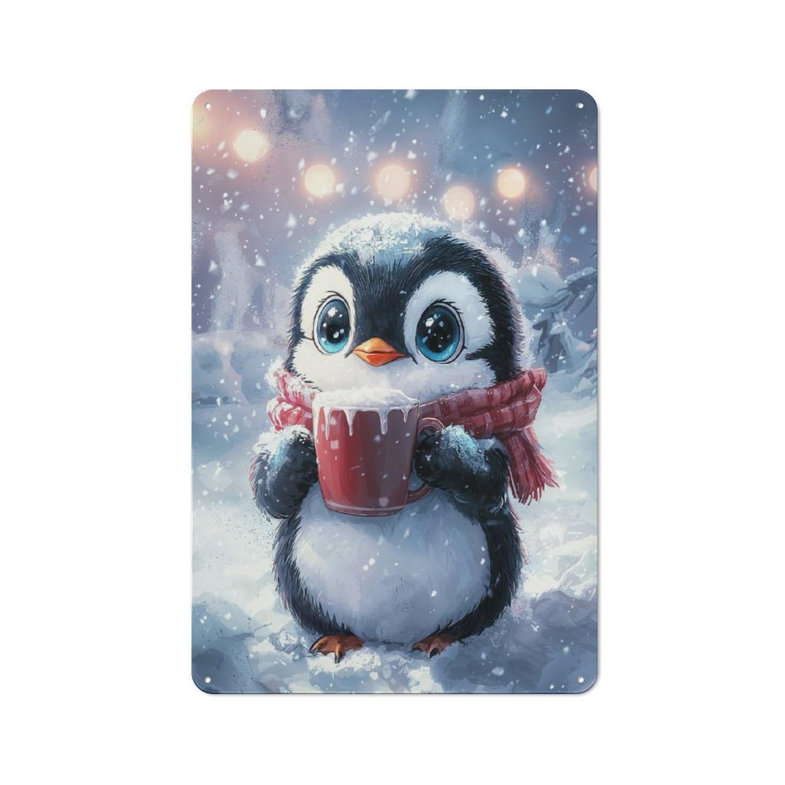 Junmoney Style Cute Penguin With Hot Cocoa Vintage Tin Sign 30X20cm For Café Or Restaurant, Suited To Café Owners And Decorators