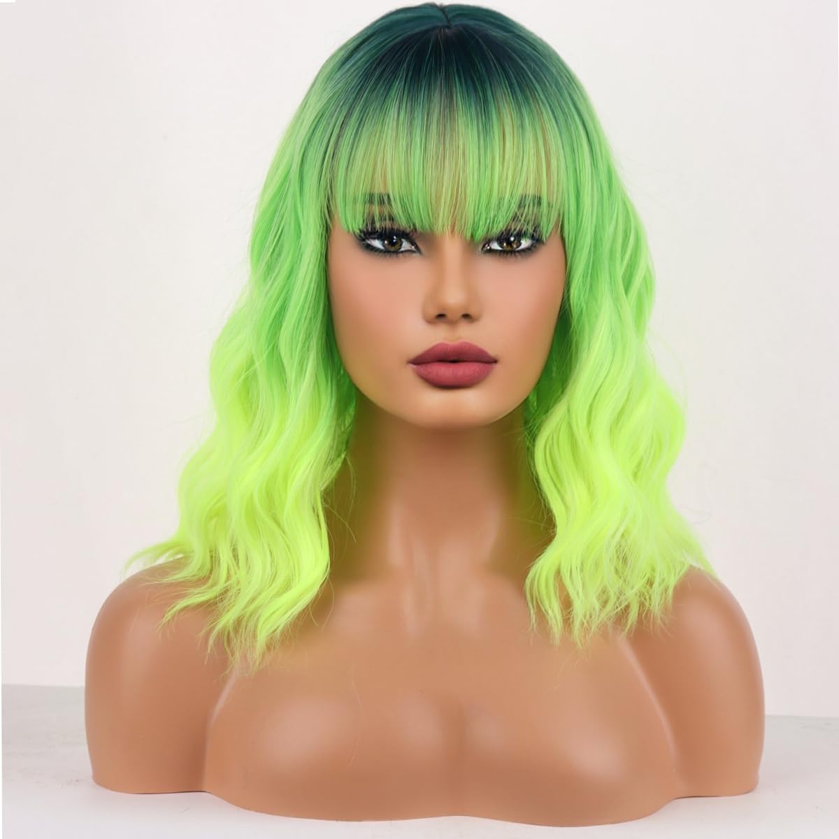 ?Hey Amy ! 14” Green Ombré Short Bang Wig *NWT*? Amazon.com : Black Wavy Bob Wig With Green Highlight, 14  main image 4