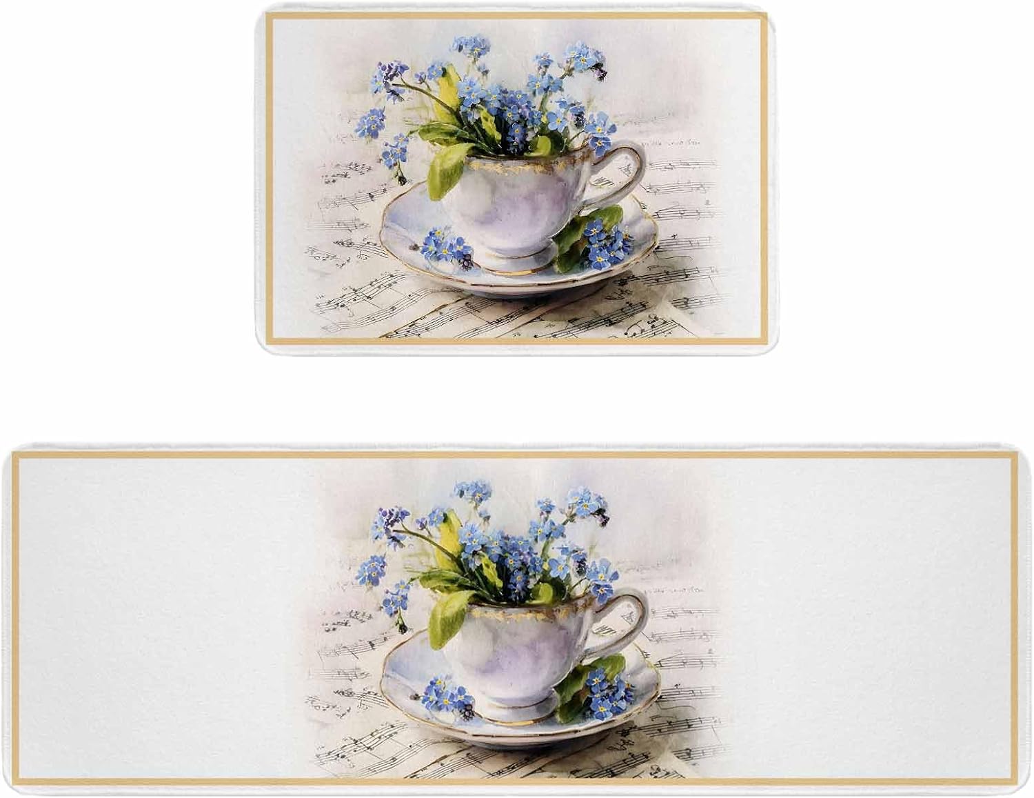 Spring Blue Flowers Kitchen Rugs and Mats Set of 2, Non-Slip Kitchen Sink Mat, Vintage Tea Cup Phrases Pastoral Washable Doormat Bathroom Rugs Runner for Bedroom/Living Room 17.7"x30"+17.7"x47.2"