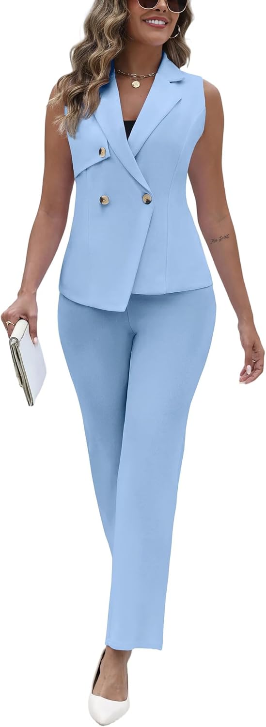 Pant Suits for Women Dressy V Neck Sleeveless Vest Blazer Wide Leg Pants Sets 2 Piece Business Casual Work Outfit - Image 2