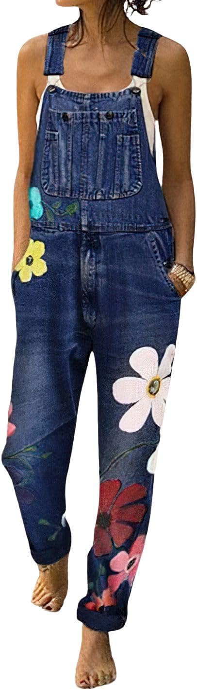 loveimgs Women's Casual Adjustable Straps Sleeveless Denim Bib Overalls Floral Print Distressed Jean Jumpsuit