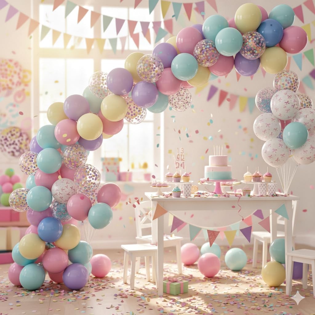 Pastel Bow Balloons Macaron Rainbow Balloon Birthday Decorations, 55 Pcs 12 In Pastel Colorful Pink Bows Print Balloon Blue Purple Yellow Confetti Balloon for Kids Girls Princess Easter Bridal Shower