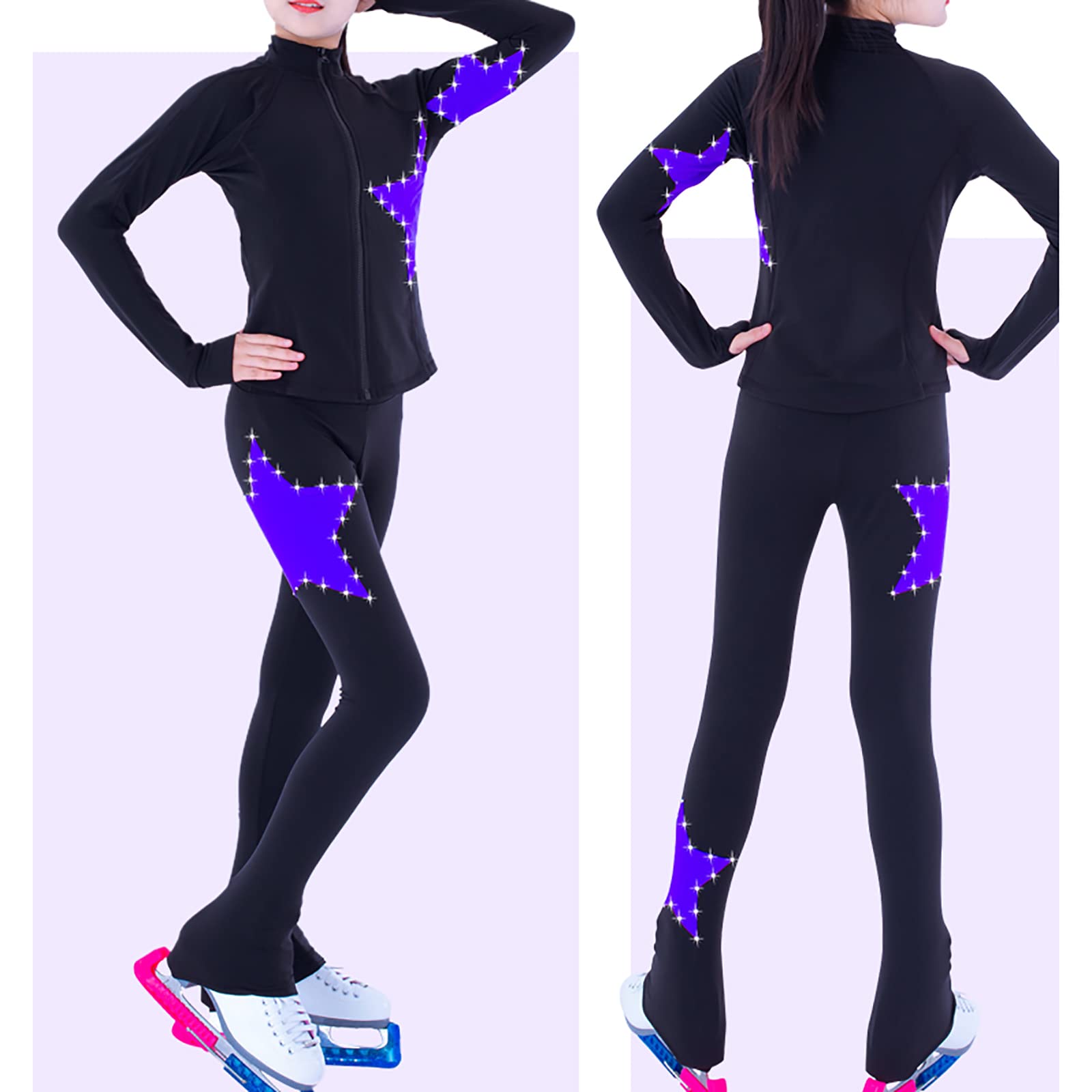 Songyi Kombinezon do łyżwiarstwa figurowego dla dorosłych i dzieci, kurtka do jazdy na łyżwach, treningowa odzież sportowa (rozmiar: S, kolor: fioletowy-spandex)