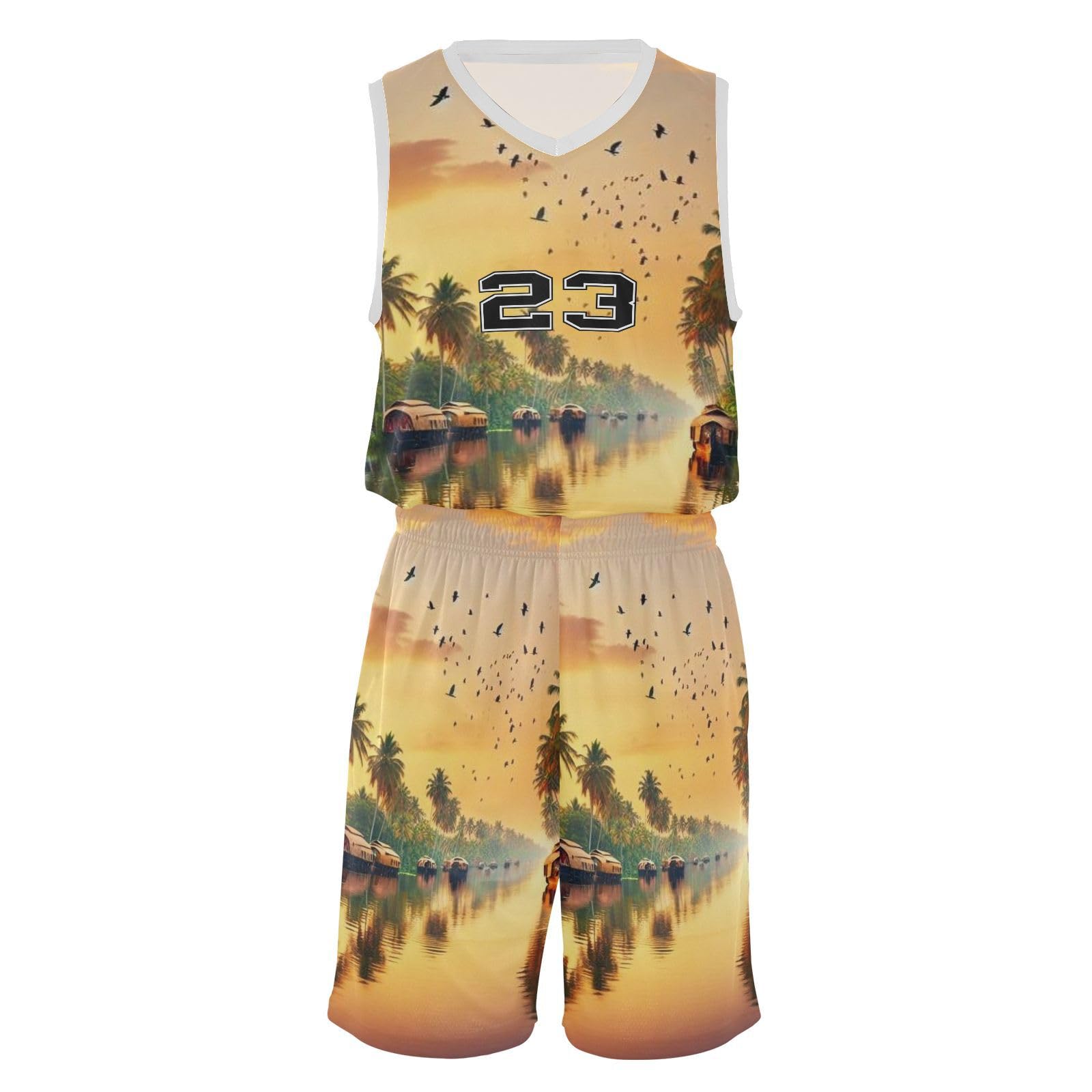 FLildon Tropical Lake Boats Boys Basketball Jersey Set Tank Top Shorts Tracksuit Sport Training Suit for Kids, XXL