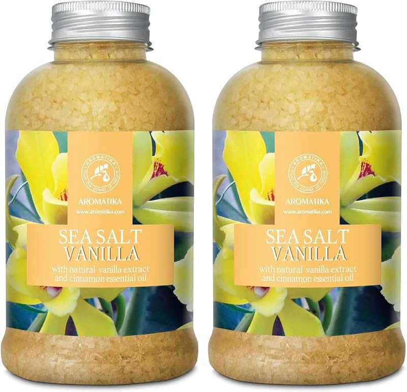 AROMATIKA Sais de banho de sal marinho com baunilha e óleos essenciais de baunilha e canela, 600 g, pacote com 2
