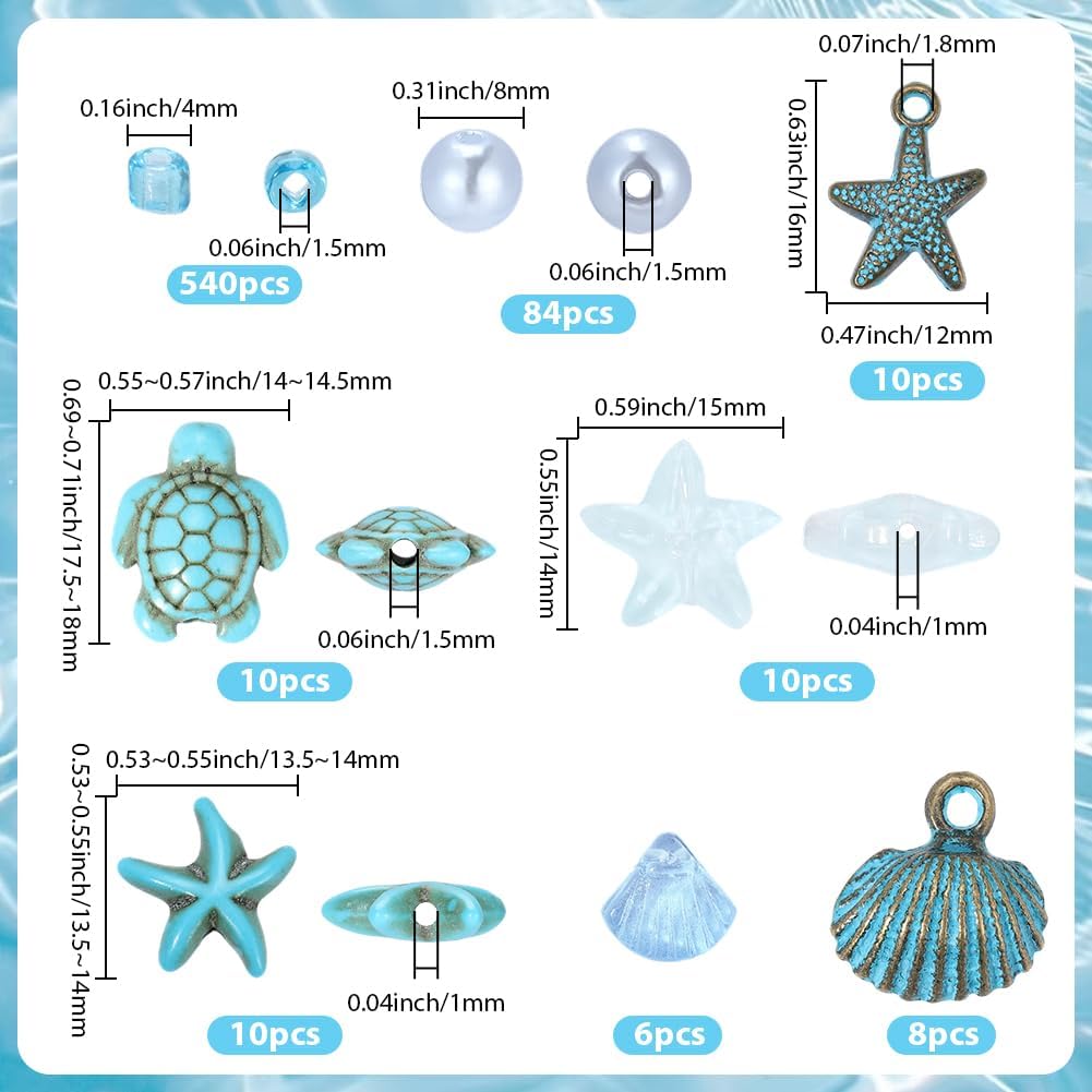 SUNNYCLUE 1 Box 678Pcs Sea Beads Kit Sea Turtle Beads Shell Charms Summer Ocean Blue Starfish Synthetic Turquoise Stone Glass Seed Loose Spacers for Jewelry Making Kits DIY Bracelets Necklace Earrings