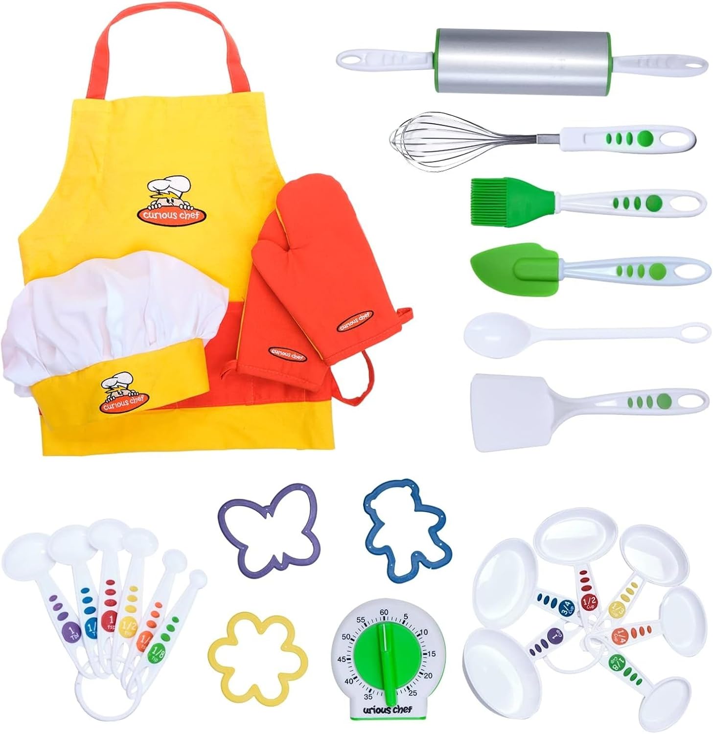 Curious Chef 27-Piece Plastic Kitchen Foundation Kit - Beginner Cooking Supplies for Kids - One Size Pink - Food-Safe Plastic & Dishwasher Safe - Rolling Pin, 3-Qt Mixing Bowl & Whisk - Baking Tools